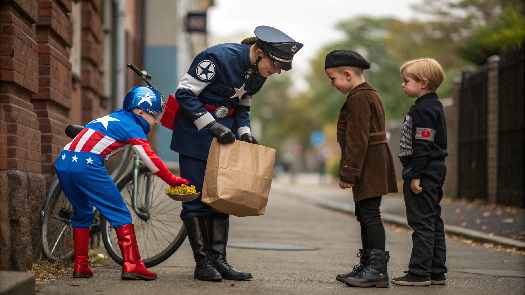AI generated image by Red Panda AI: Cinematic realism. Long shot of three 10 year old White kids, First kid wearing a Captain America costume, 2nd one wearing a cop costume, 3rd kid wearing a Nazi general costume and they take a bag of candy from a 7 year old black kid wearing regular clothes standing next to bicycle. One kid is writing a speeding ticket and the other two are confiscating big bags of candy. 35mm camera