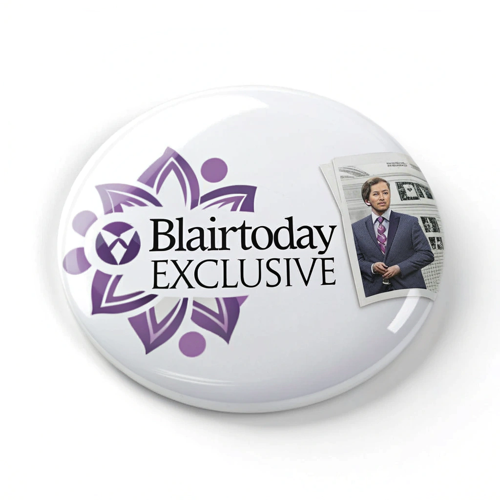 AI generated image by Red Panda AI: "BlairToday EXCLUSIVE" button circle for a newspaper. On White Background. Clear, strong font. Purple motif. Newspaper motif. News media. "BlairToday EXCLUSIVE" journalist avatar