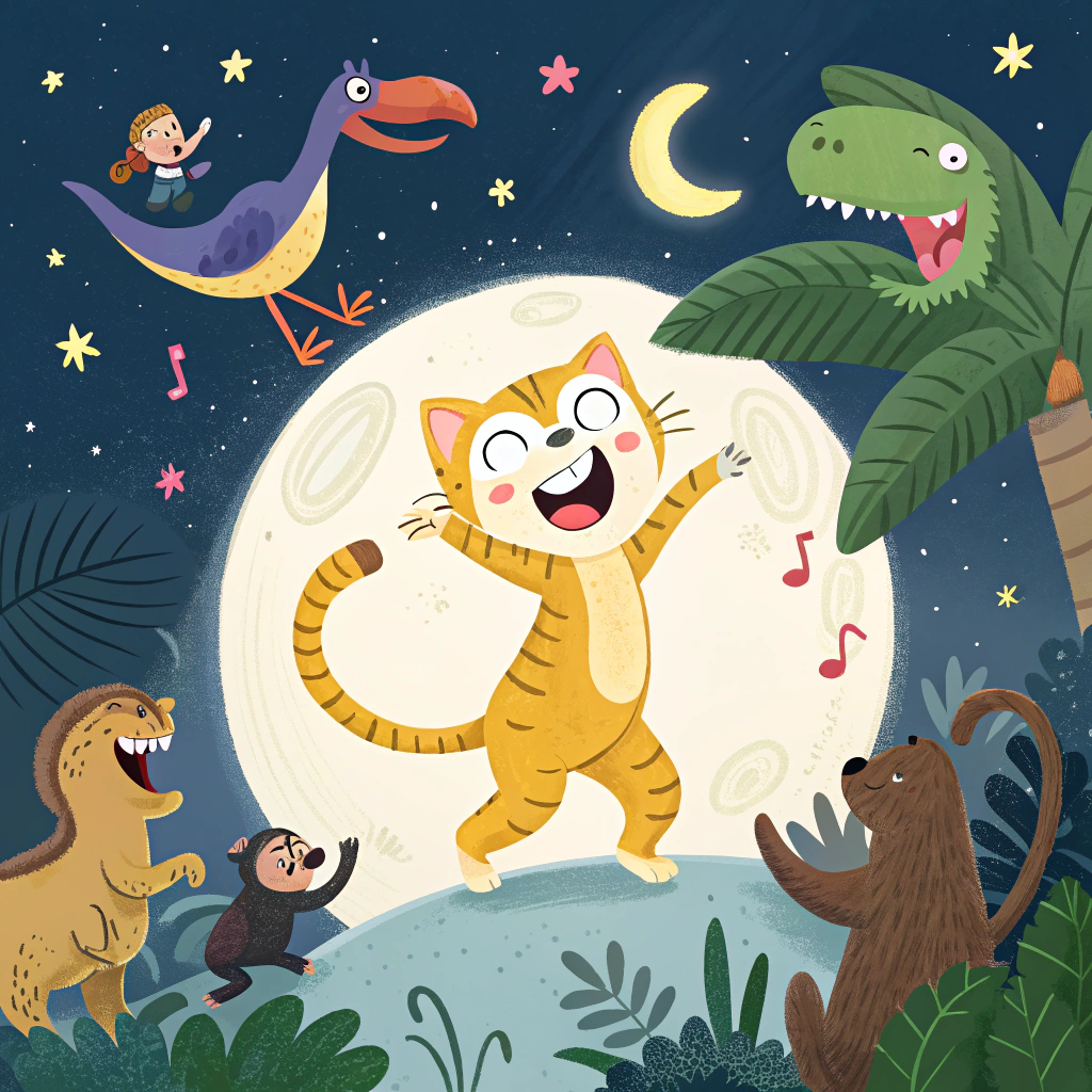 AI generated image by Red Panda AI: Un gato divertido y alegre, bailando la Macarena en una escena mágica en la luna. A su alrededor, hay una variedad de animales de la selva, como monos, tucanes y serpientes, todos disfrutando y animando al gato. En el fondo, aparece un dinosaurio amistoso que también parece estar disfrutando de la fiesta. La luna brilla intensamente en el cielo, iluminando la escena con un toque de humor y fantasía. Los animales tienen expresiones emocionadas y el ambiente es festivo y colorido.
