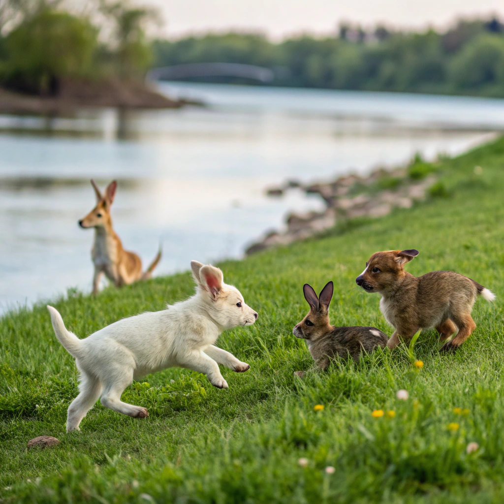 AI generated image by Red Panda AI: Puppies chase rabbits by the river.