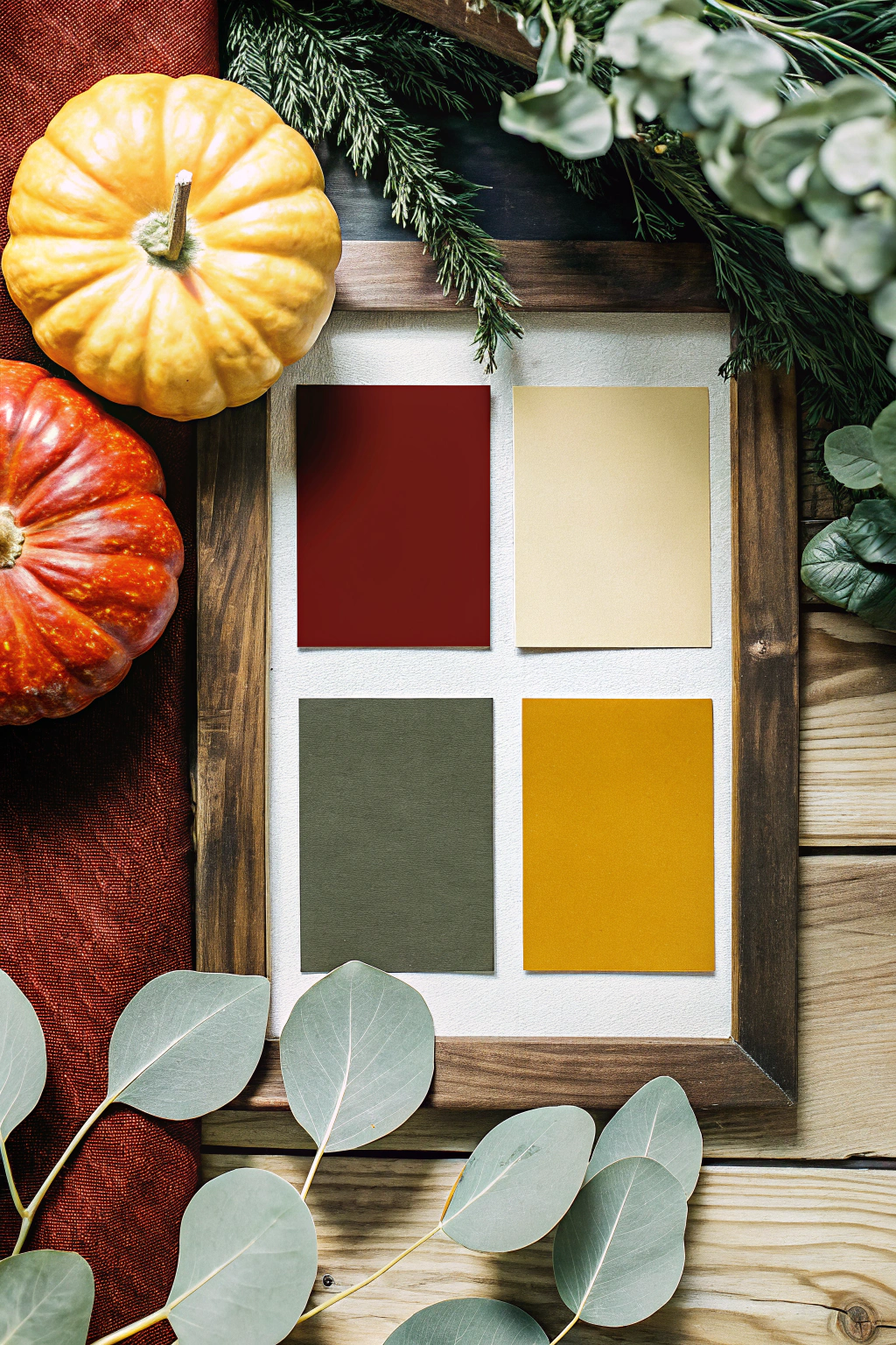 AI generated image by FLUX.1-schnell: Moodboard, autumn color palette, Ruby, Pumpkin, Butter