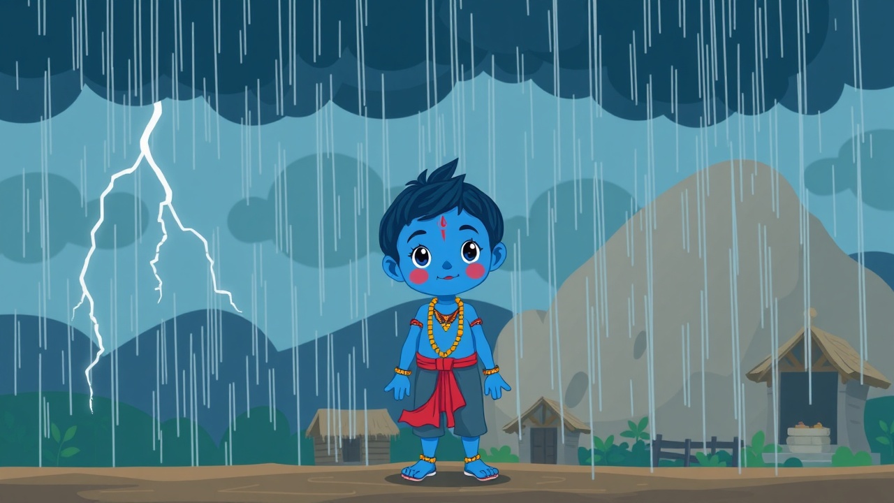 AI generated image by FLUX.1-schnell: Simple 2D cartoon of young blue Krishna standing in rain, dark clouds and lightning, small village background, bright colors, flat animation style.