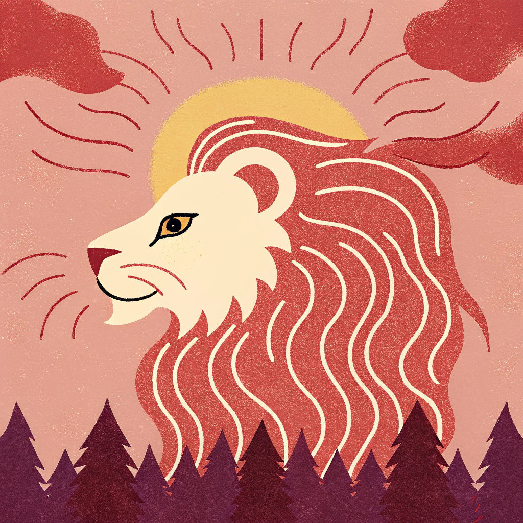 AI generated image by Red Panda AI: A illustration of a majestic lion with a mane that seamlessly blends into a breathtaking sunset landscape. The lion's profile is prominently displayed, with its eyes gazing into the distance. The sunset, characterized by fiery oranges and deep purples, is depicted behind the lion's head, creating a surreal and captivating effect. The silhouette of trees can also be seen at the bottom, further enhancing the natural theme of the image.
