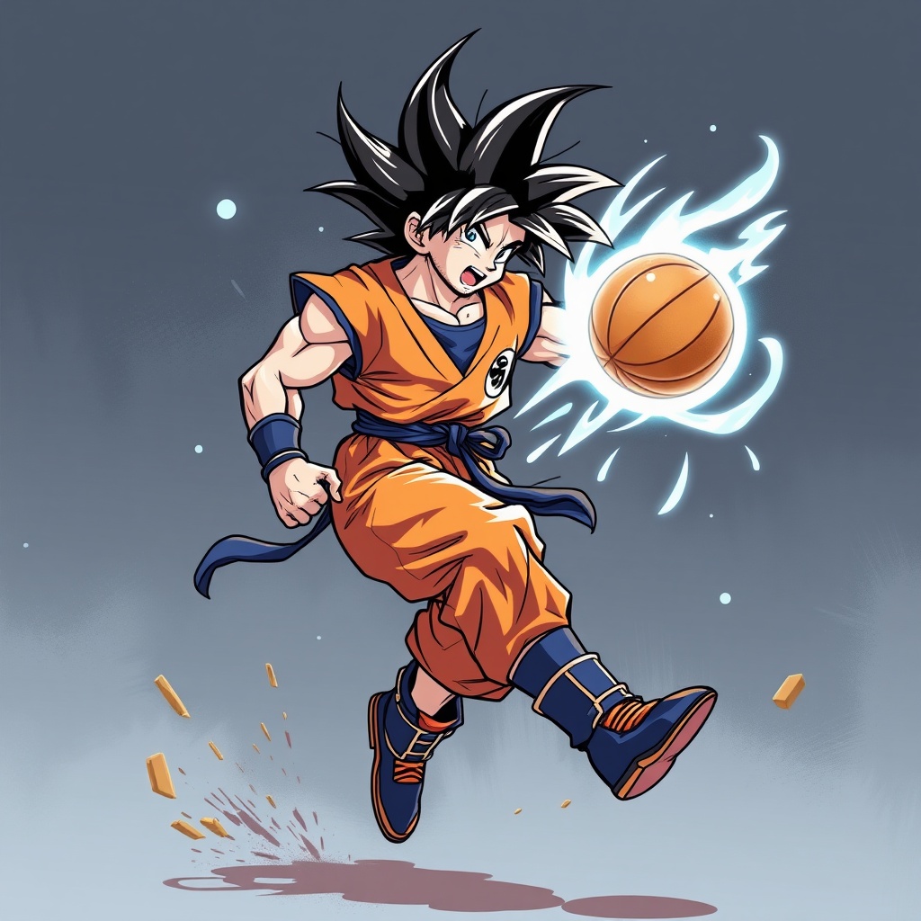 AI generated image by FLUX.1-schnell: goku con pelota de basquet