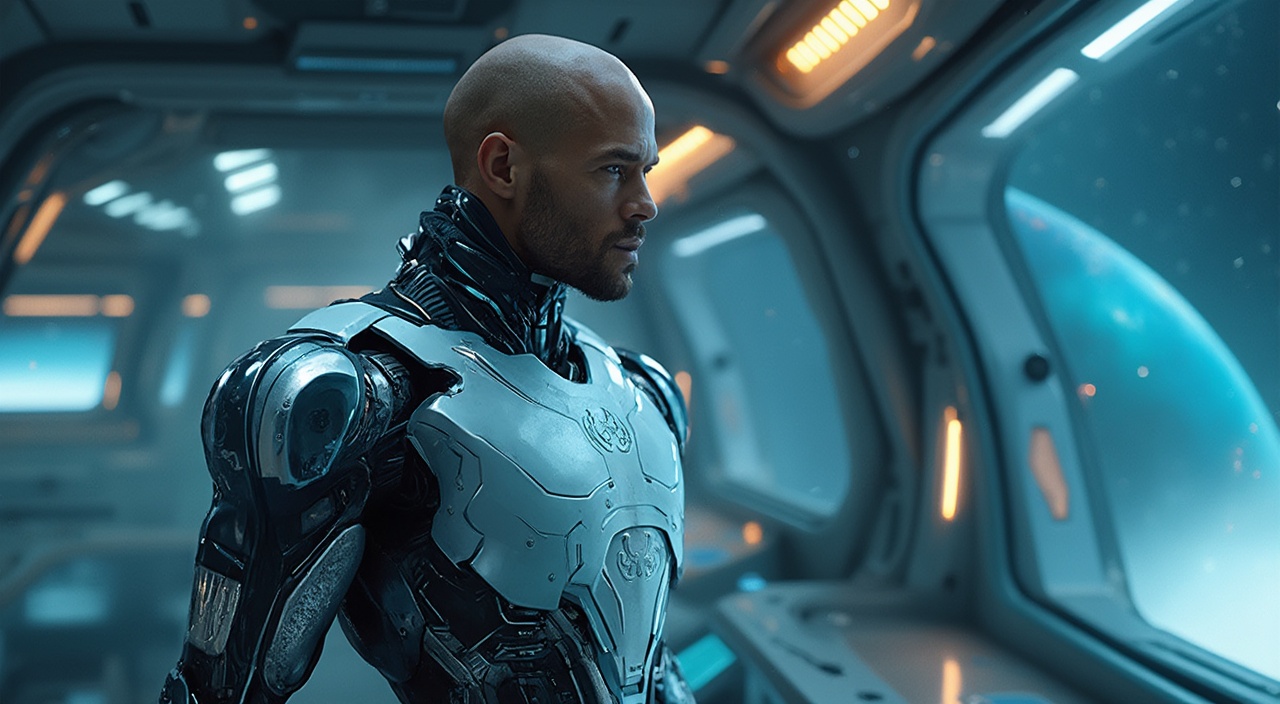 AI generated image by FLUX-Realism-Lora: A photorealistic sci-fi portrait of a starship captain with a humanoid robotic body and the exact head from the provided image. The captain's face is highly detailed, preserving natural skin texture, realistic lighting, and subtle facial expressions. His head is seamlessly integrated onto a futuristic android body, made of a sleek metallic exoskeleton with high-tech joints, glowing blue circuits, and mechanical plating. The robotic body has a strong, commanding posture, with shoulders broad and a chest panel featuring subtle engraved insignia of a galactic fleet.
The captain is standing inside a high-tech starship bridge, surrounded by glowing control panels, holographic displays, and an expansive window showing deep space with stars and planets in the distance. The lighting is a mix of cool blue and soft white ambient reflections, emphasizing the futuristic aesthetic.
The composition is highly cinematic, with sharp details, dramatic contrast, and a sense of leadership and authority. The captain’s uniform integrates both robotic plating and subtle fabric elements, making it a hybrid of advanced machinery and human design. The overall mood is epic and powerful, capturing the essence of a legendary space commander.
The final image should be ultra-realistic, highly detailed, and immersive, ensuring the perfect fusion of human and machine in a cutting-edge sci-fi universe