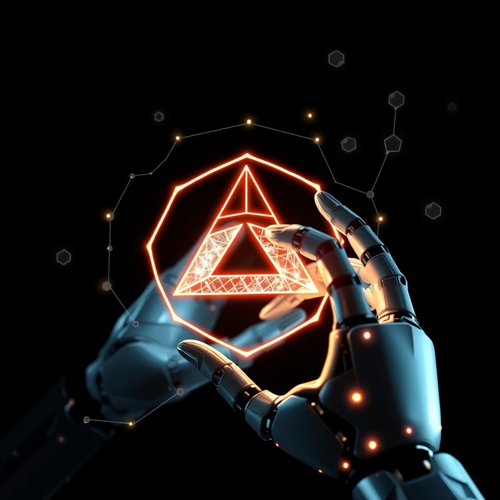 AI generated image by FLUX.1-schnell: A robotic or futuristic hand sketching or assembling a logo symbol out of glowing geometric shapes or holograms.