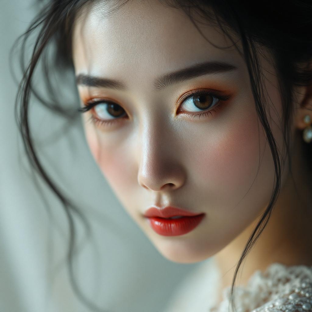 AI generated image by FLUX.1-pro: alta calidad, Obra maestra, vista en alta resolución, 4k, 8k, 16k, enfoque nítido, iluminación cinematográfica,
Una mujer china de 40-45 años de belleza madura, felinos y enigmáticos, con un sutil aire mediterráneo. cuero blanco como la nieve, sin arrugas, inmaculados y suaves. Cara ovalada, Estructura ósea fina y elegante.
En la frente luce una Marca roja con forma de flor china de tres pétalos, místico símbolo de poder y linaje antiguo.
cejas arqueadas naturalmente, • Barbilla , Definido sin excesos.
large, ojos almendrados en un cálido color miel, mirada seductora, dominante y profundo.
cabello oscuro, sedosas y ligeramente onduladas en las puntas, en una elegante media cola de caballo con broches dorados. banda de bronce con accesorio de influencia hindú.
Exquisite jewelry with rubies and salida:
— Gold necklace with shiny rubies on the chest
— Gold rings with rubies and salida on both hands
— Hair rings and ornamentation also with rubies
Long and elegant nails, pintado en rojo oscuro, refinado y femenino.
maquillaje seductor: labios rojos intensos, máscara y un tono suave que realza su mirada felina.
Hanfu Wuxia seductive red:
— Rojo intenso, transparente en las capas superiores
— Bordado fino y detallado de flores doradas de melocotón
— Tela de seda que fluye con el viento, que muestra elegancia y poder
Fondo de Wuxia: antiguo palacio entre montañas con neblina, faroles encendidos, Pétalos flotando en el aire. El viento mueve el cabello y las telas. atmósfera dramática, místico y cinematográfico.
(manos perfectas:1.3), (dedos detallados:1.2), (uñas largas perfectas:1.3), (Anatómicamente correcto:1.0), (expresión facial intensa:1.3), (Rasgos felinos:1.3), (ojos color miel:1.3), (Marca roja :1.3), (piel inmaculada:1.3), ( Joyería Detallada :1.4), (Rubíes Brillantes :1.3), (salida:1.2), (Hanfu detallado:1.4), (cinemático:1.3), (madurez elegante:1.3)