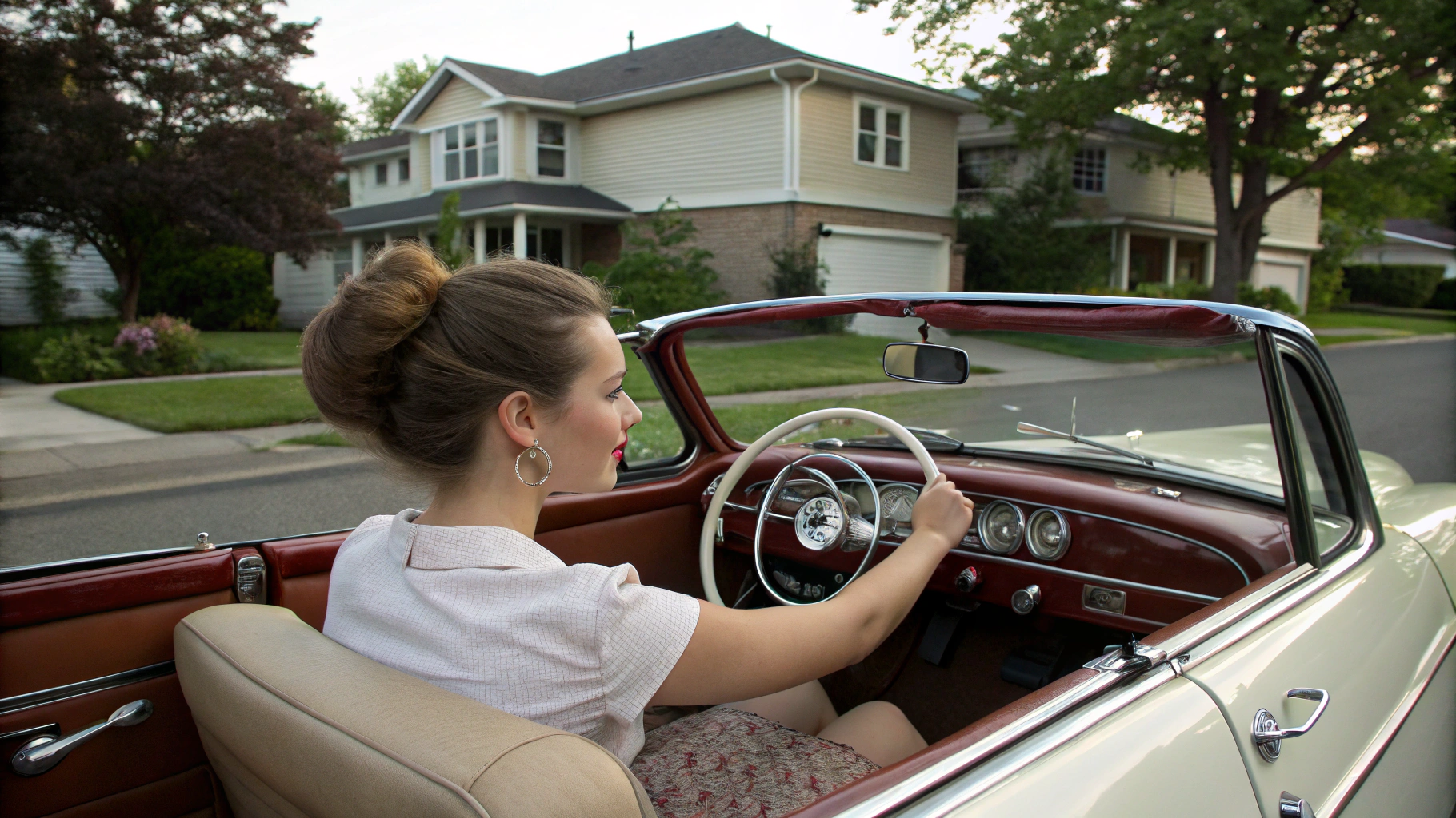 AI generated image by Red Panda AI: Camera positioned in back seat on right side about 6’ high in 1948 Chevrolet convertible with the top down parked in the driveway of a older home in a quiet neighborhood. Camera aimed at feet and pedals. Beautiful, very petite young Scandinavian woman 30 years sitting in driver’s seat behind steering wheel. Both hands on the steering wheel. Feet resting on floorboard.. Long brown hair gathered into a bun. Pale complexion. Lipstick light eye makeup. Hoop earrings. Off-shoulder 3/4 sleeve white peasant blouse. Tight-fitting denim miniskirt hemmed mid thigh. Cork ultra high wedge slides pink vamp.