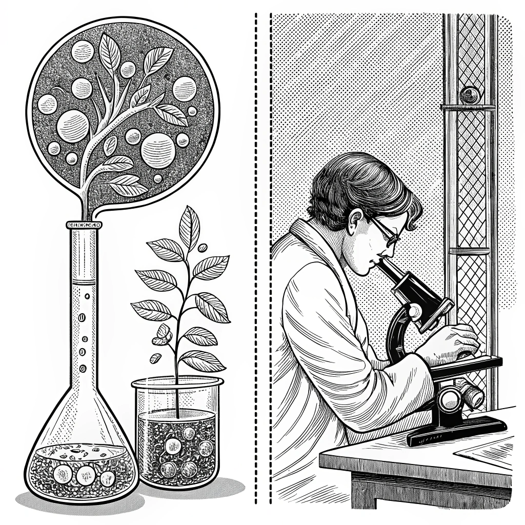 AI generated image by Red Panda AI: Vintage comic book style, highly detailed black and white etching, a clear thick border, academic illustration. A split scene: LEFT SIDE: A physics experiment (e.g., pendulum, electricity) combined with bubbling chemistry glassware. RIGHT SIDE: A detailed illustration of a plant or animal cell under a microscope, with a biologist studying it. A strong vertical division in the middle of the image.