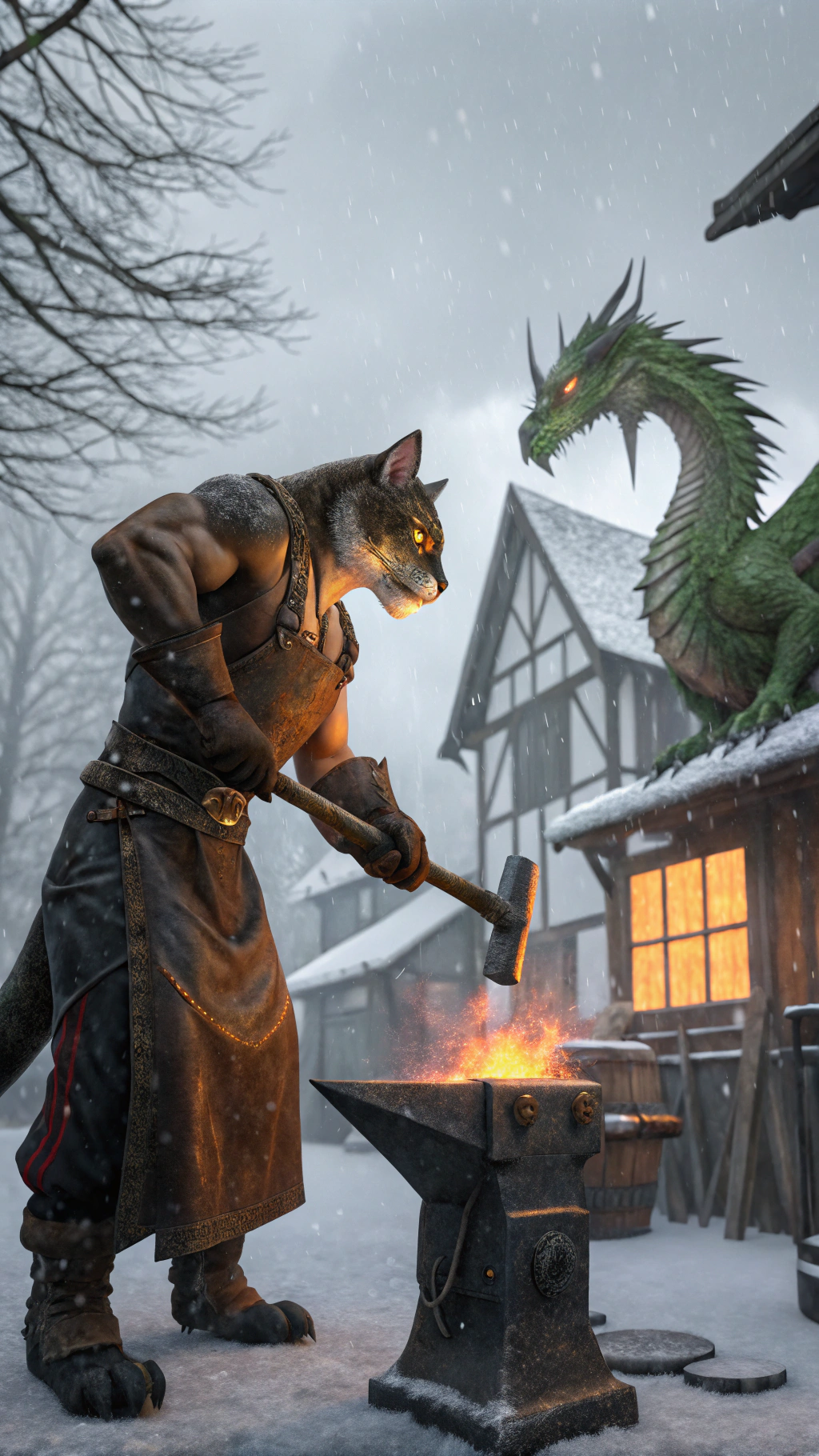 AI generated image by Red Panda AI: 3d digital fantasy A muscular cat blacksmith with brown and black fur, wearing a leather apron, hammering a glowing sword on an anvil. The cat holds the sword on the anvil with one hand and raises a large metal hammer with the other, ready to strike the sword. Nearby, a massive green and black-scaled dragon is breathing fire onto the sword, heating it with bright orange and red flames. The scene takes place on a cold, snowy winter day in front of a medieval blacksmith shop with stone walls. Light snow is falling, steam rises from a furnace inside the shop, and the sky is overcast and gray. Cinematic, realistic lighting, misty atmosphere. detailed 8K