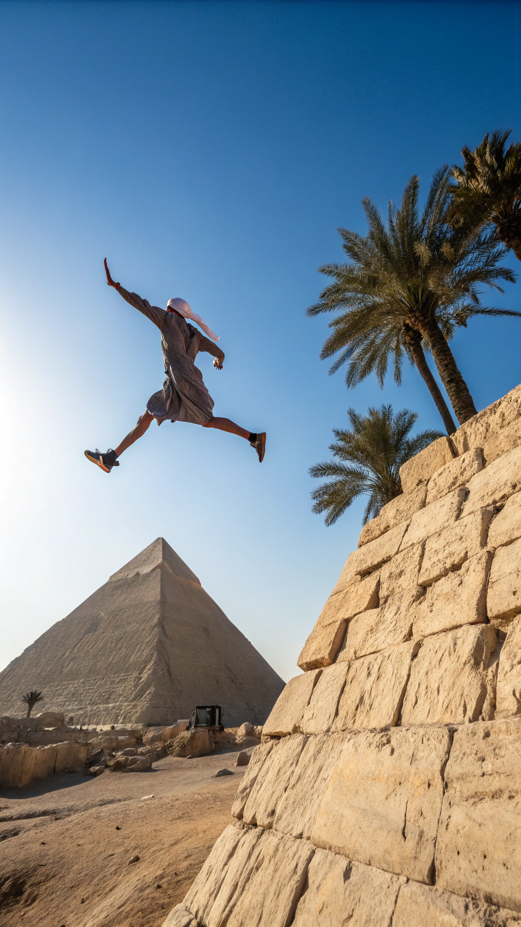 AI generated image by Red Panda AI: Bayek of Siwa from assasins creed origins mid-leap from the apex of the Great Pyramid of Giza, captured from inverted perspective head down legs up. His arms are outstretched in a controlled dive, linen robes, wears a khopesh, while the pyramid's weathered limestone blocks dominate the frame in sharp geometric patterns. Sunlight glints off his hidden blade bracer, a distant hay cart obscured by atmospheric haze. Sand particles swirl in the air around him, contrasting with the deep blue sky. The viewpoint emphasizes vertiginous height and motion, with distant palm trees appearing as mere specks near the horizon line., aerial shot, low-angle shot, wide-angle shot, vibrant color grading, silhouette