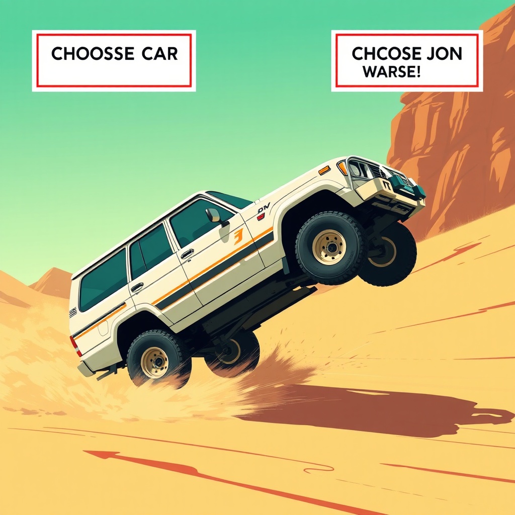 AI generated image by FLUX.1-schnell: an Arabic poster illustration in the style of Stefan Glerum + Barkley Hendricks of a storyboard of a futuristic Bedouin heist Mafia and racing game, 90s white landcruisers and Toyota century, boxes read "choose car" and "choose weapon", race livery, cinematic, cerulean + faded yellow + jade green + cream white + cherry red, a white landcruiser is popping a wheelie and leaned on its side two wheels drifting