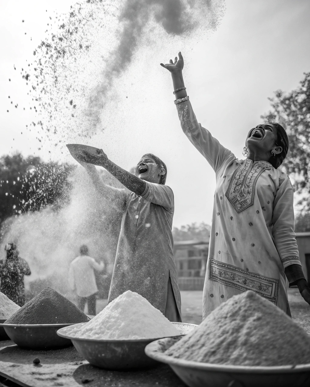 AI generated image by Red Panda AI: Create a black-and-white coloring page showing India’s Holi Festival scene. Include figures joyfully throwing colorful powder, with bowls of powder and simple traditional clothing. The expressions should capture the lively and joyous spirit of Holi. Keep the lines simple for coloring, with patterns on clothing and powder clouds for added detail.