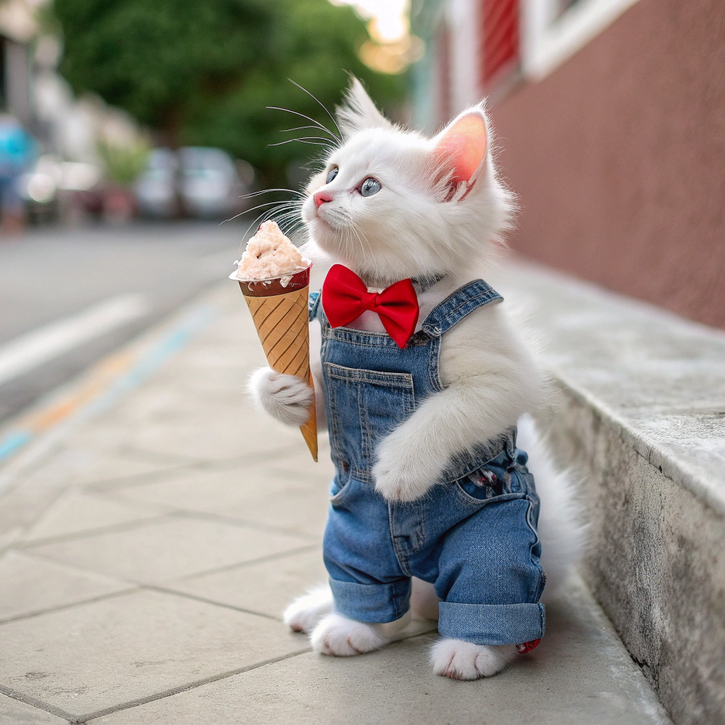 AI generated image by Red Panda AI: una gatita blanca con un overol de color jean y su moño al costado su oreja color rojo con un helado