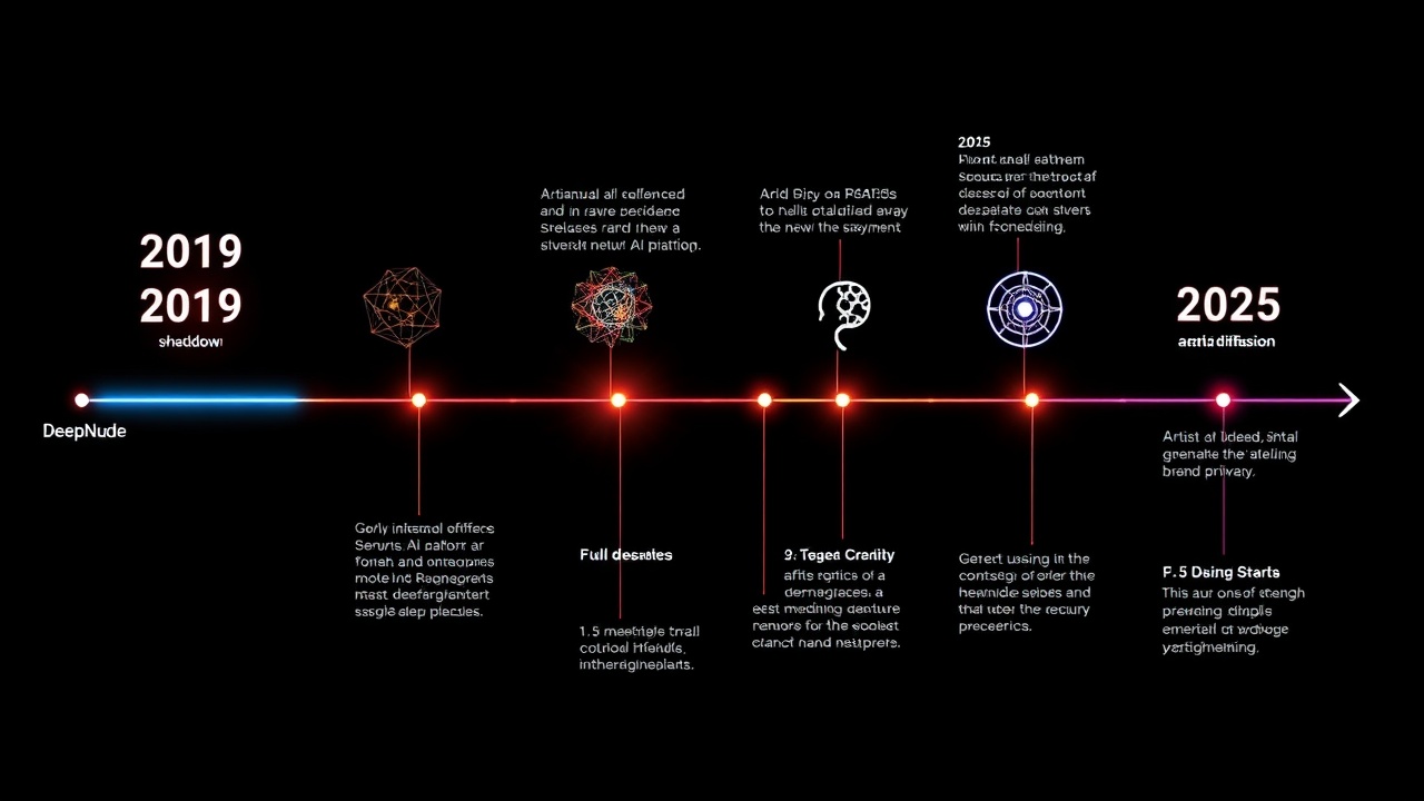 AI generated image by FLUX.1-schnell: "A timeline graphic from 2019 DeepNude shutdown to 2025 advanced AI platforms, glowing neural networks, stable diffusion icons, debates about privacy, artists using AI for digital modeling, contrasted with warnings about misuse.