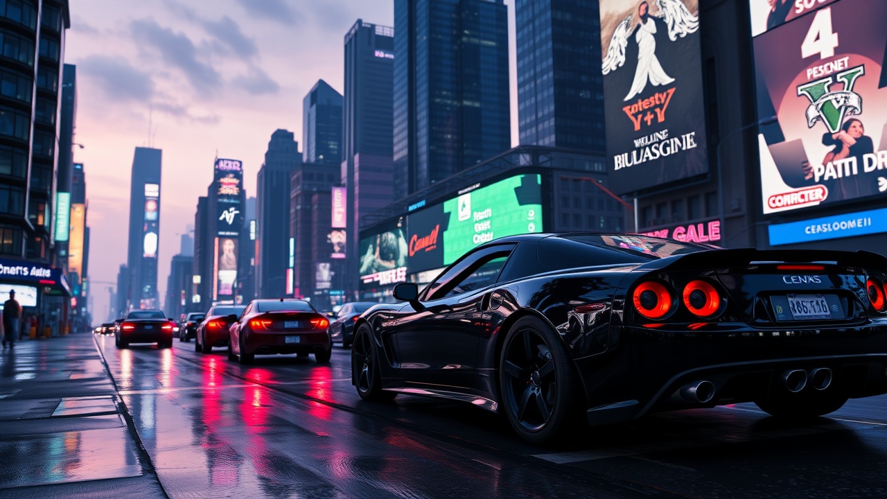 AI generated image by FLUX.1-schnell: a neon-lit city at dusk in gta 6 style with sleek cars with extremely high details wet streets reflecting the billboards from the cityscape