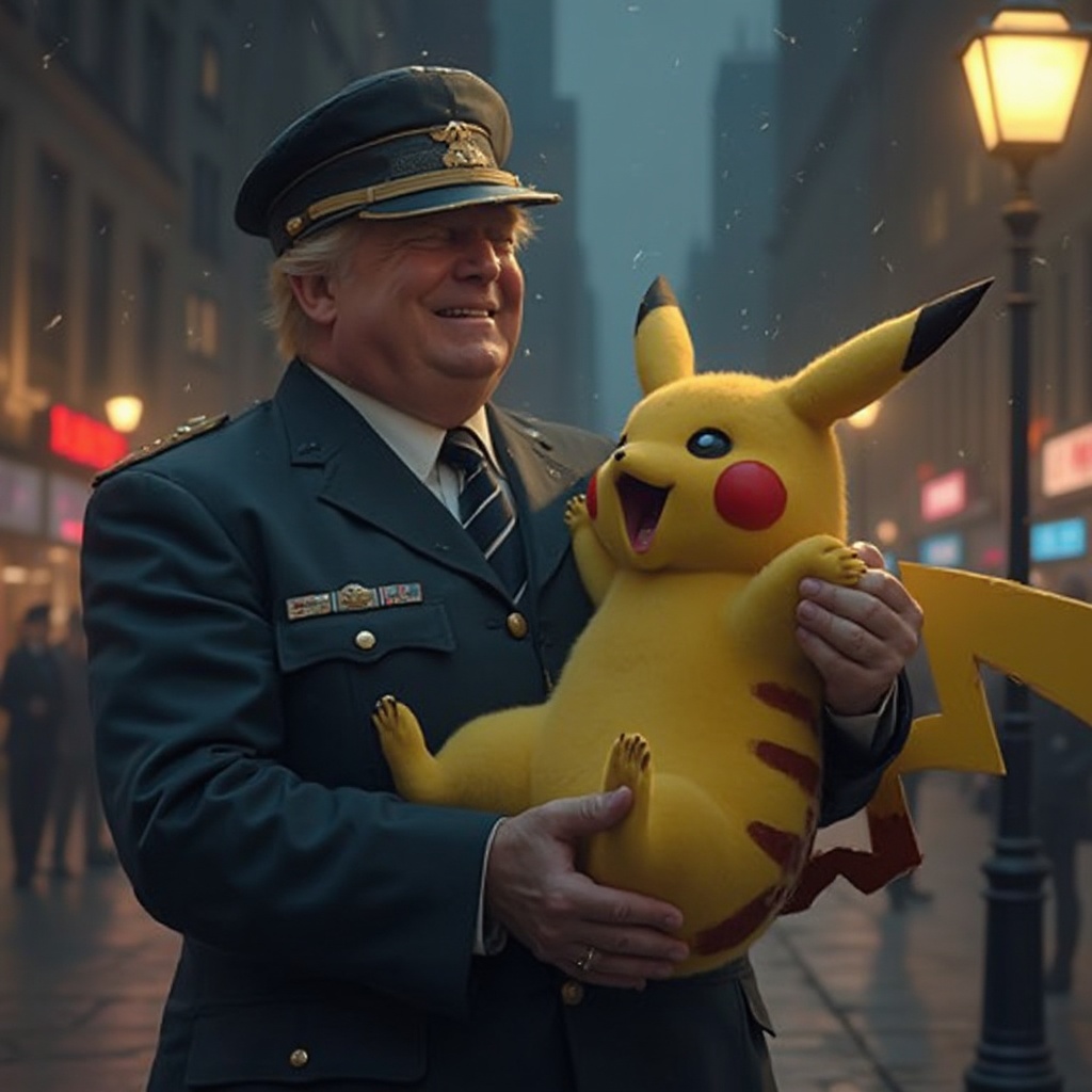 AI generated image by FLUX-Realism-Lora: Donald trump wearing WW2 german uniform holding pikachu upside-down by his tail and they are both laughing, they are in the middle of downtown new york city at night with a street light illuminating the two of them