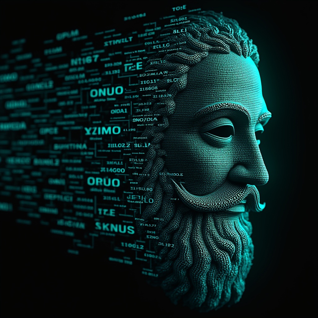 AI generated image by FLUX.1-pro: Leonardo DaVinci's face as a digital mask made from thousands of turquoise numbers and formulas forming his face. the formulas and numbers fly behind the mask leaving a trail of complexity. the mask is floating dynamically in mid air. his head is turned to the right but his eyes are looking directly into the camera. the mask is on a black background. like a png with black only background. photo realistic, sci-fy