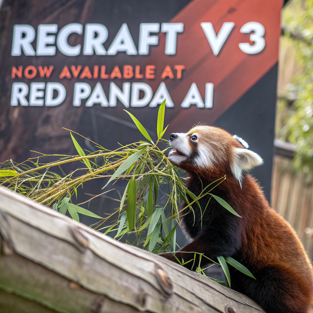 AI generated image by FLUX.1-schnell: a red panda eating a bamboo in front of a poster that says "recraft V3 now available at red panda ai