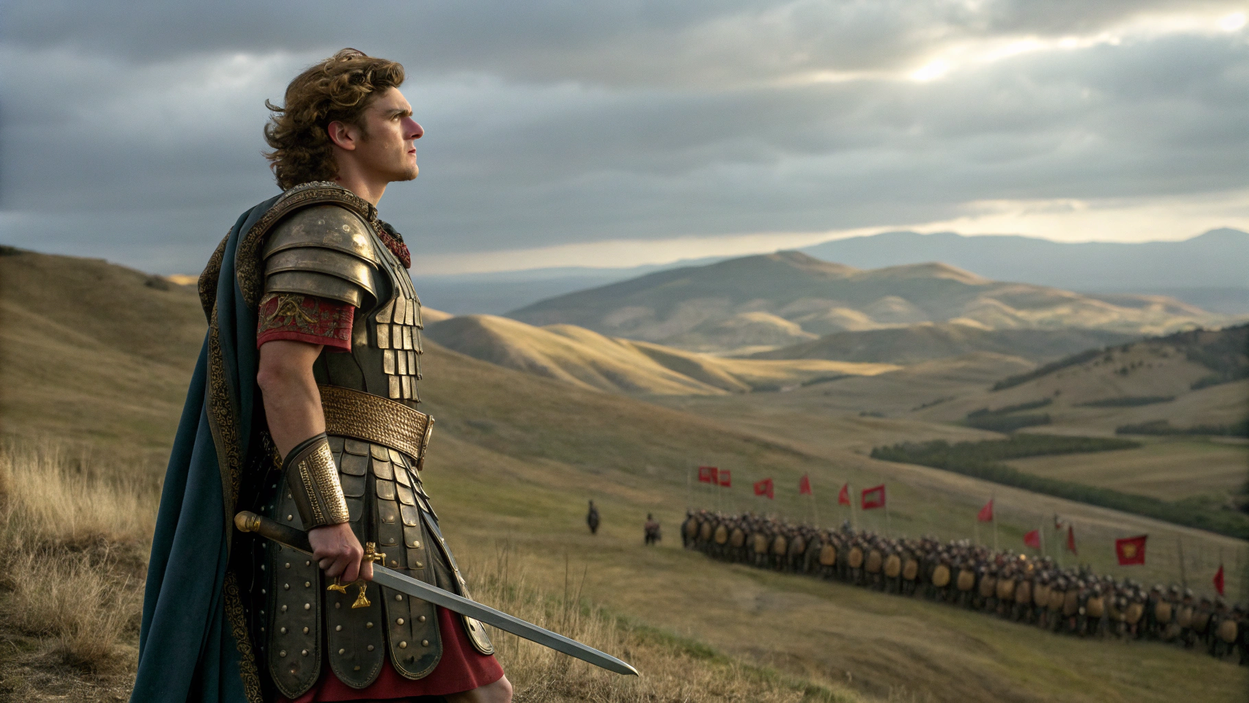 AI generated image by Red Panda AI: photorealistic image. Show young Alexander the Great standing confidently behind a beautiful battlefield. The image should feature rolling hills, a dramatic sky, and soldiers in formation, highlighting the grandeur of his military campaigns and his youthful determination.