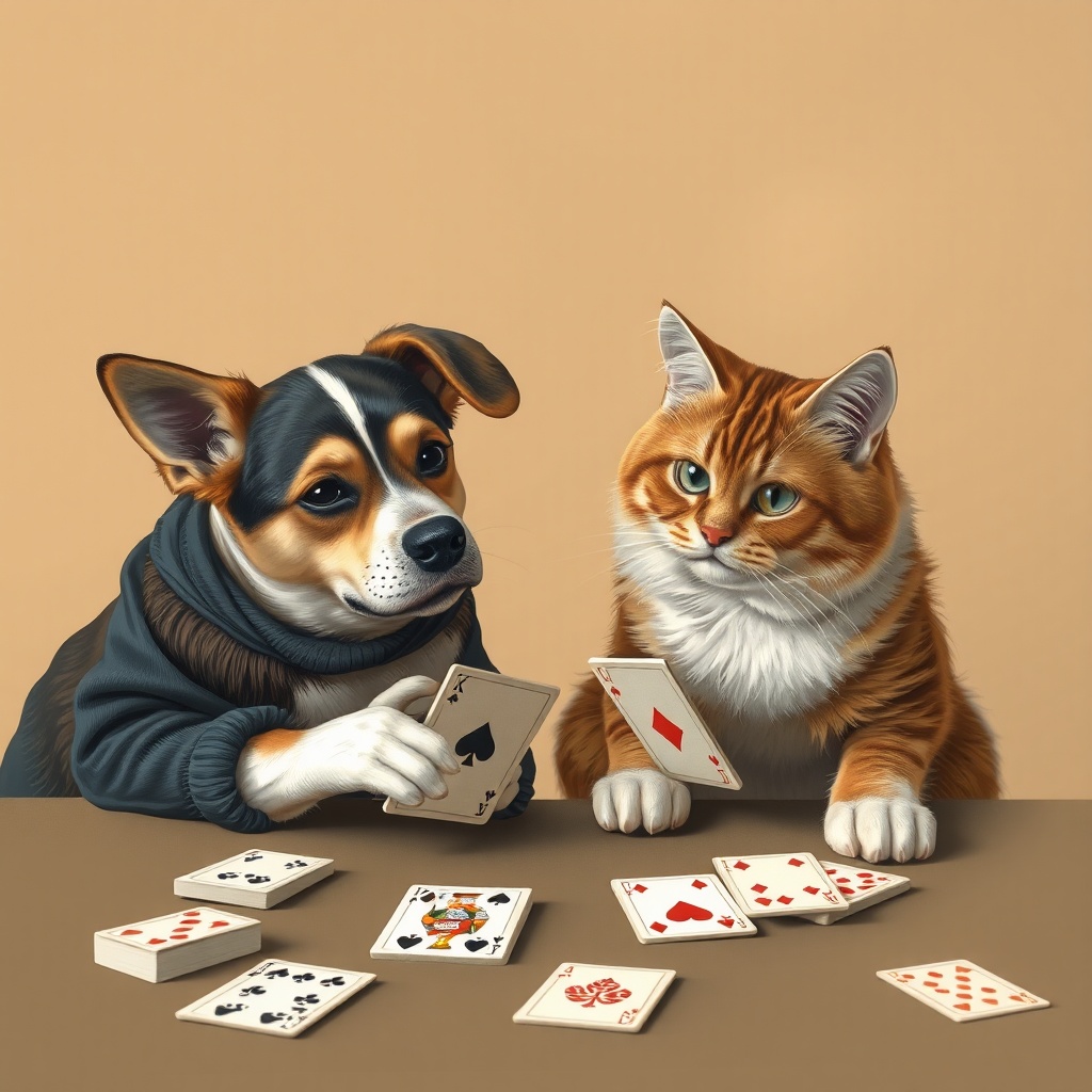 AI generated image by FLUX.1-schnell: A dog and a cat playing cards