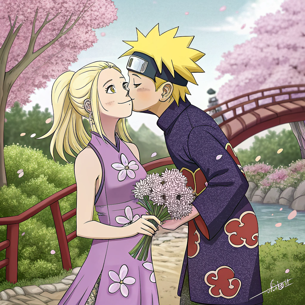 AI generated image by Red Panda AI: Ino yamamka wearing a purple dress kissing naruto