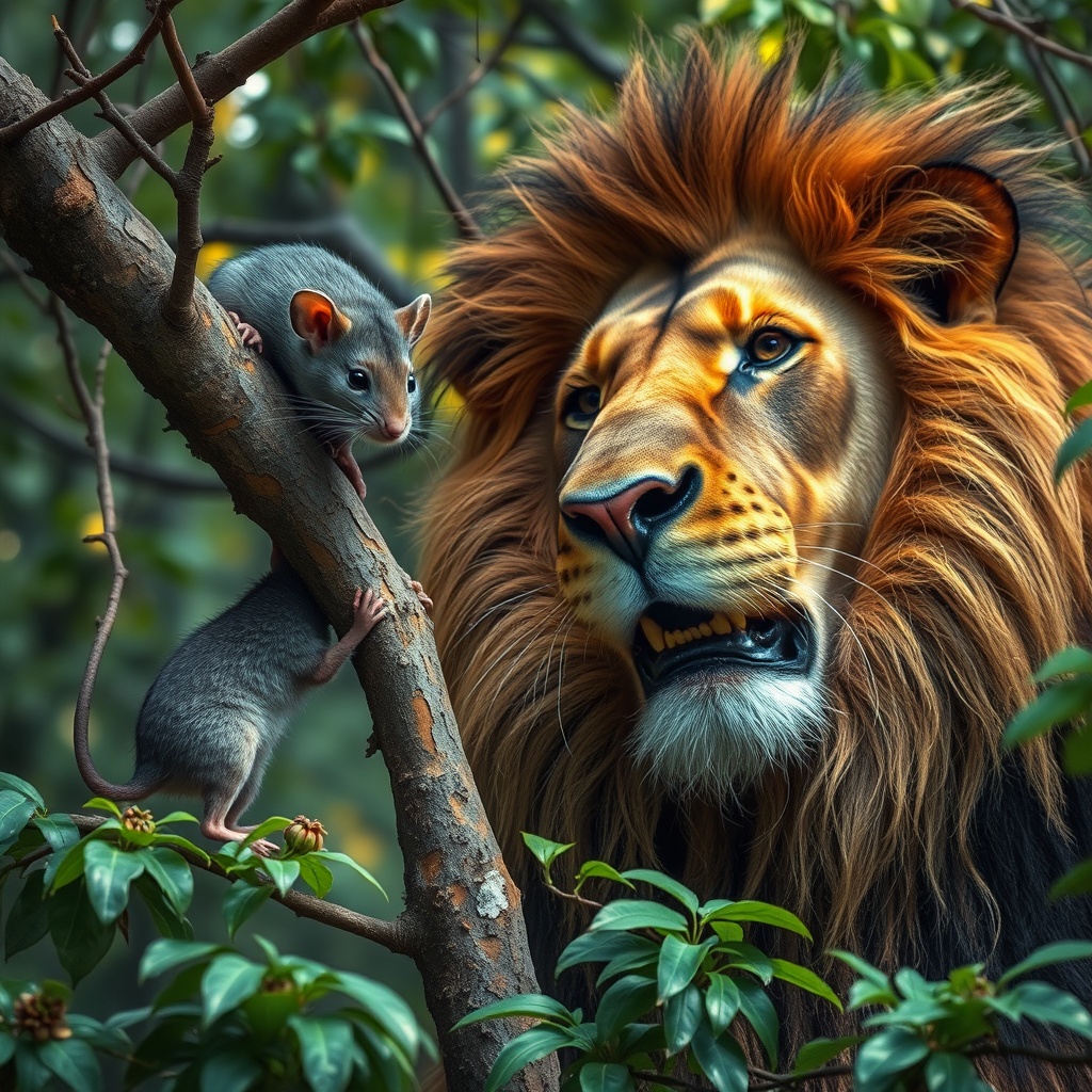AI generated image by FLUX.1-schnell: "Un pequeño ratón gris con ojos brillantes y dientes afilados roe con esfuerzo las gruesas cuerdas de una red, liberando a un gran león atrapado. El león lo observa con sorpresa y gratitud. El ambiente de la selva es frondoso, con hojas verdes y algunos rayos de luz atravesando las ramas."