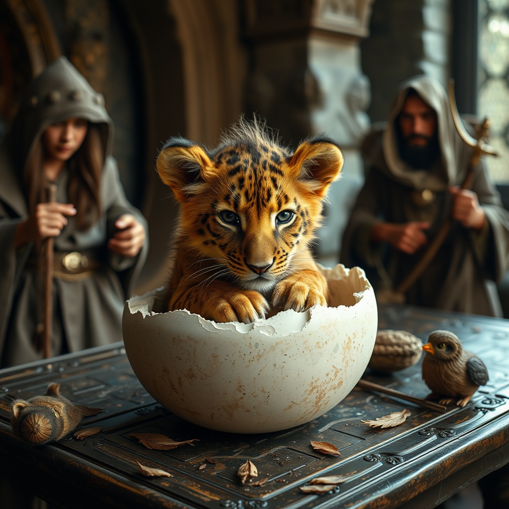 AI generated image by FLUX.1-schnell: A young, strong lion cub hatches from a large egg.The egg is lying on an antique table.nearby are ancient people in animal clothes