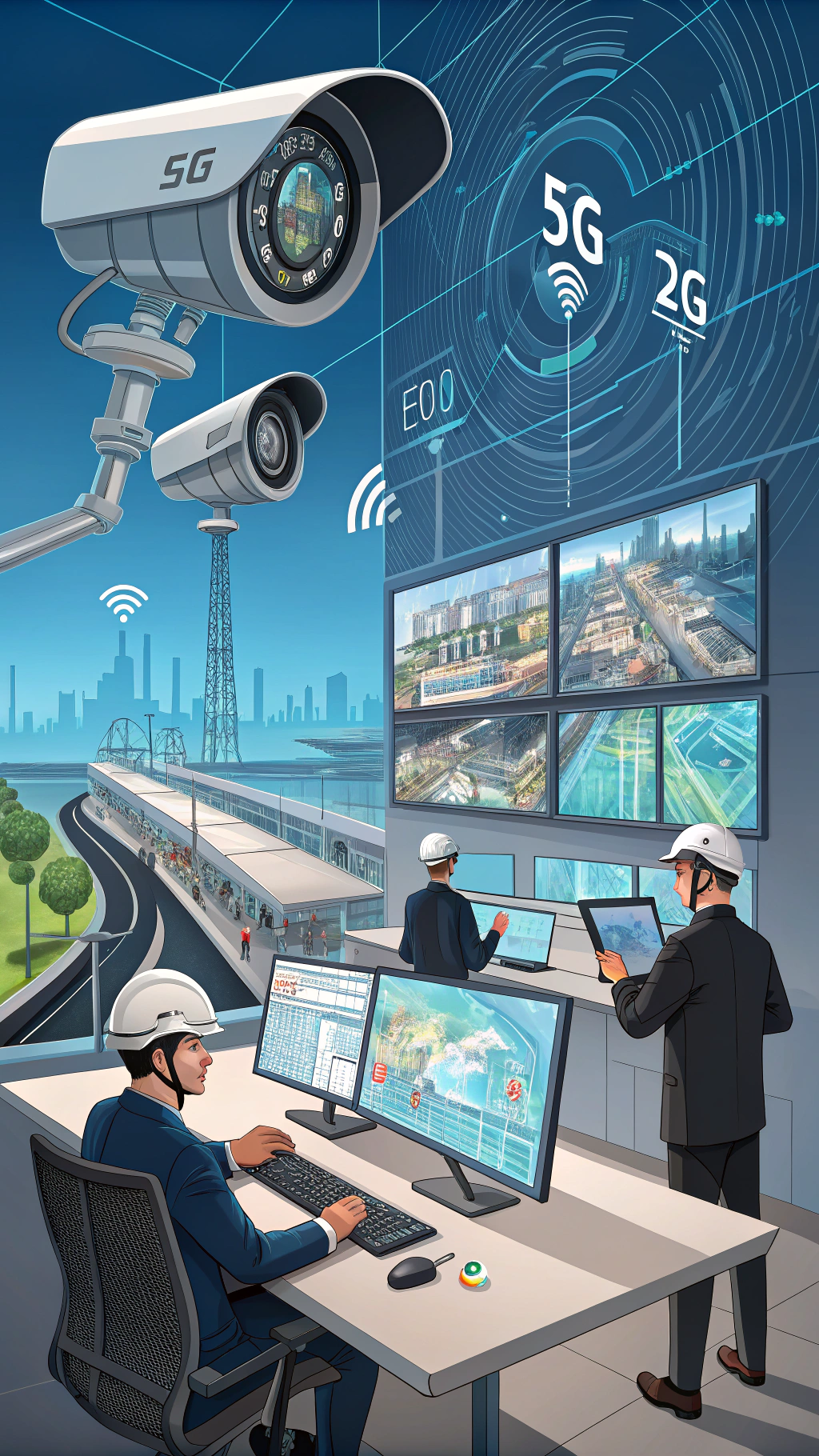 AI generated image by Red Panda AI: Imagem realista que remeta a monitoramento por câmeras através de conectividade 5G.