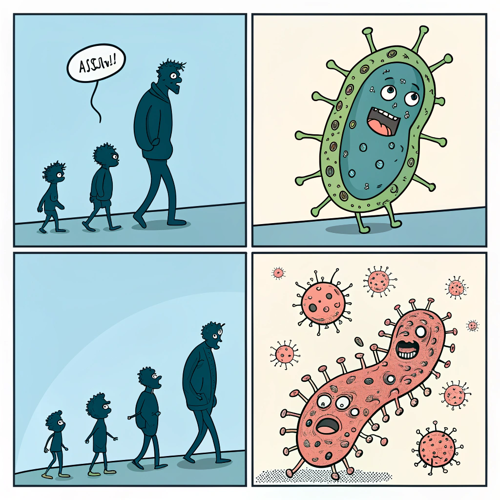 AI generated image by Red Panda AI: realiza una imagen de una bacteria mutante, donde se vea su evolución desde que es microscópica hasta que se hace tan grande como un humano, que no aparezca ningún humano. Hazlo en forma de cómic, con varias viñetas, y que tenga aspecto maligno