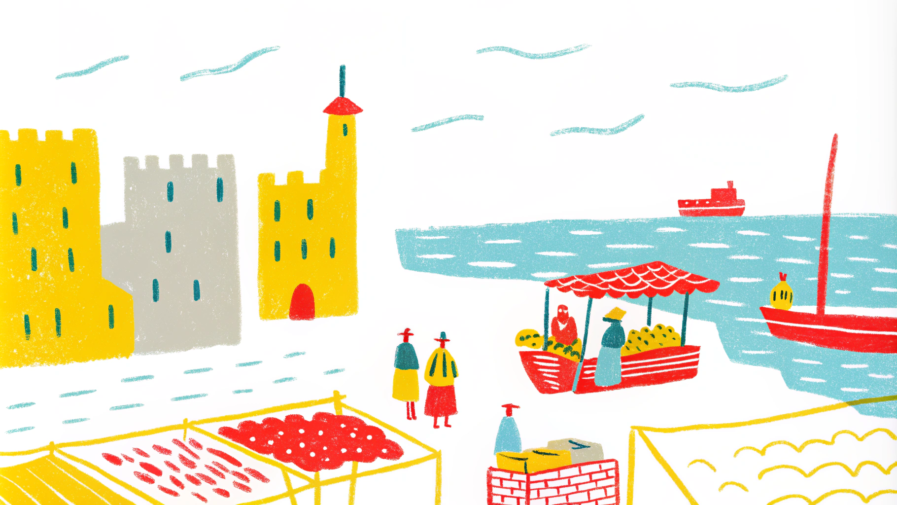 AI generated image by FLUX.1-schnell: Medieval town near the sea with a colored market