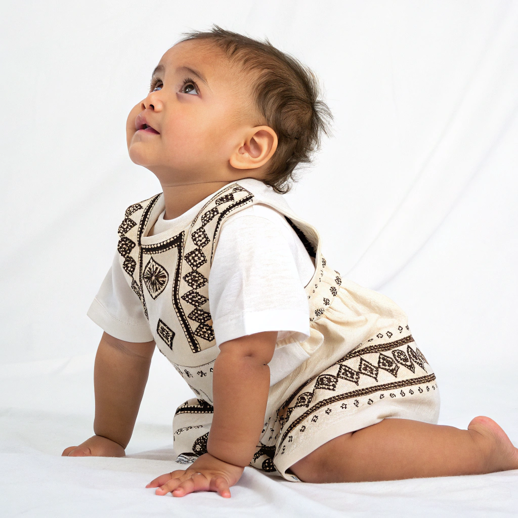 AI generated image by Red Panda AI: I would like a young Māori baby, propped into a sitting position, against a white background.