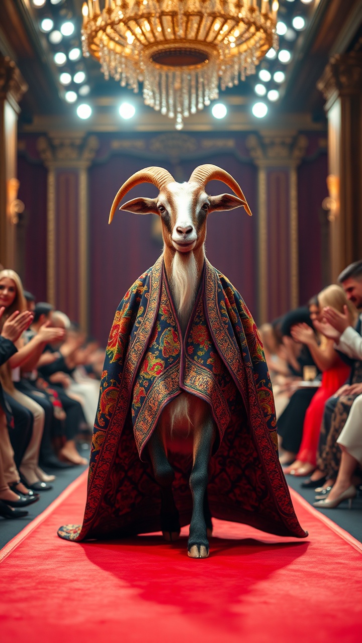 AI generated image by FLUX.1-schnell: Create a high-fashion runway video featuring a majestic goat confidently walking down a red carpet. The goat is draped in a richly detailed, colorful, and ornate fabric that resembles a traditional royal robe. The setting is a grand fashion show with a glamorous and sophisticated audience, complete with bright runway lights, a long catwalk, and enthusiastic spectators clapping on either side. The atmosphere should be luxurious and opulent, capturing the elegance of both the goat and the fashion event.