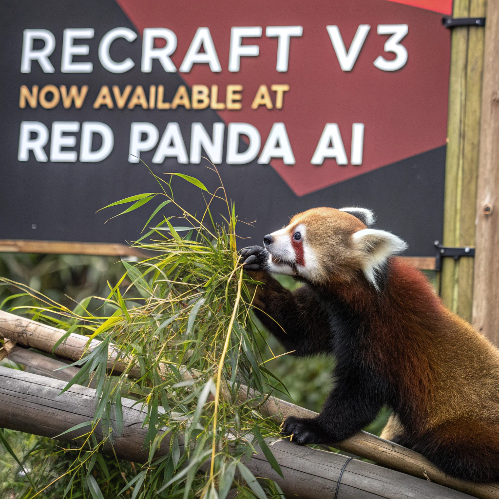 AI generated image by FLUX.1-schnell: a red panda eating a bamboo in front of a poster that says "recraft V3 now available at red panda ai