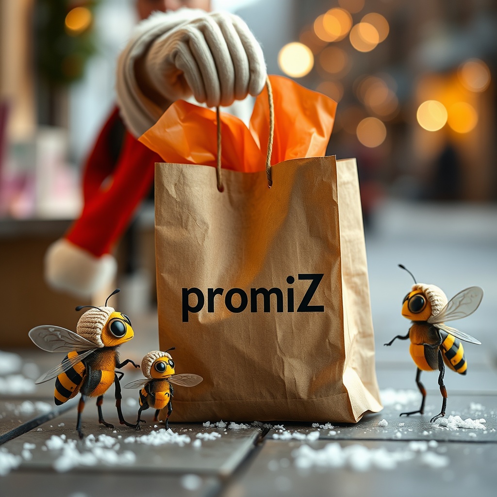 AI generated image by FLUX.1-schnell: Photo réaliste d'un gentil Père Noël distribuant des sacs en kraft avec le mot "promiZ" écrit sur le sac, entouré de petites abeilles robot avec des chapeaux de lutin.