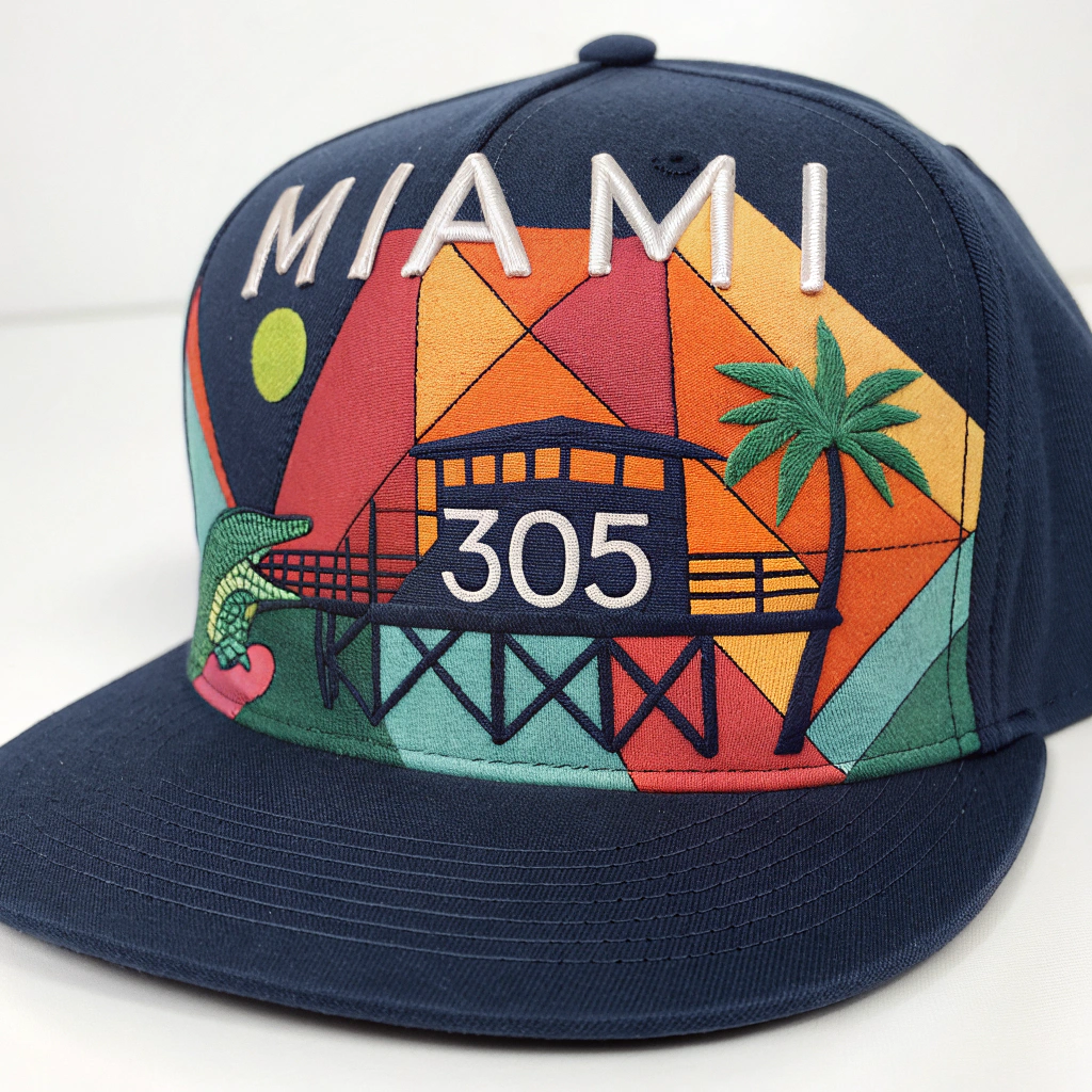 AI generated image by Red Panda AI: Create a colorful geometric image that represents Miami. You can use things like 305, pier, an alligator. Use 6 colors max. This items is to be embroidered on a hat.