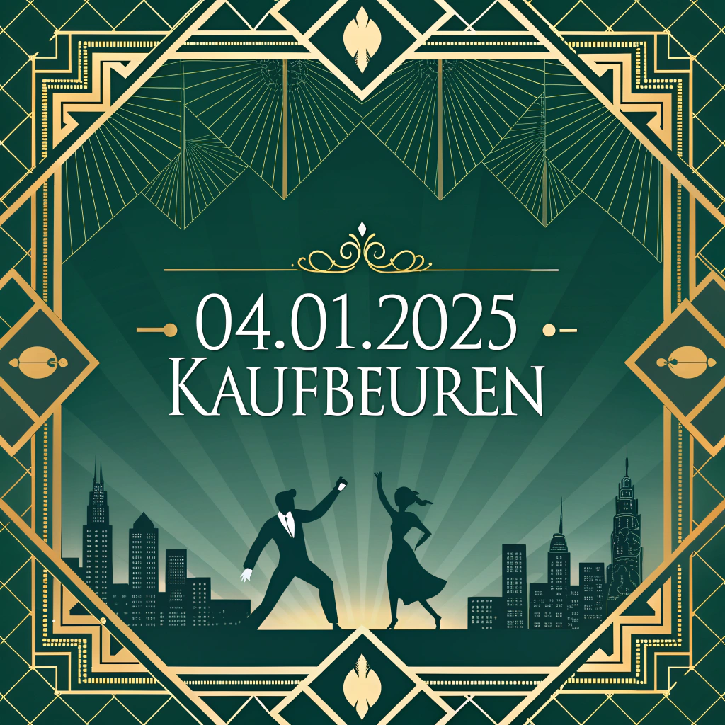 AI generated image by Red Panda AI: An elegant Art Deco design capturing the glamorous essence of the 1920s, featuring rich gold and emerald green tones. The background showcases stylized city skylines and dancing silhouettes, softly illuminated by the warm glow of candlelight. The text '04.01.2025 Kaufbeuren' is elegantly integrated into the design, complementing the overall aesthetic.