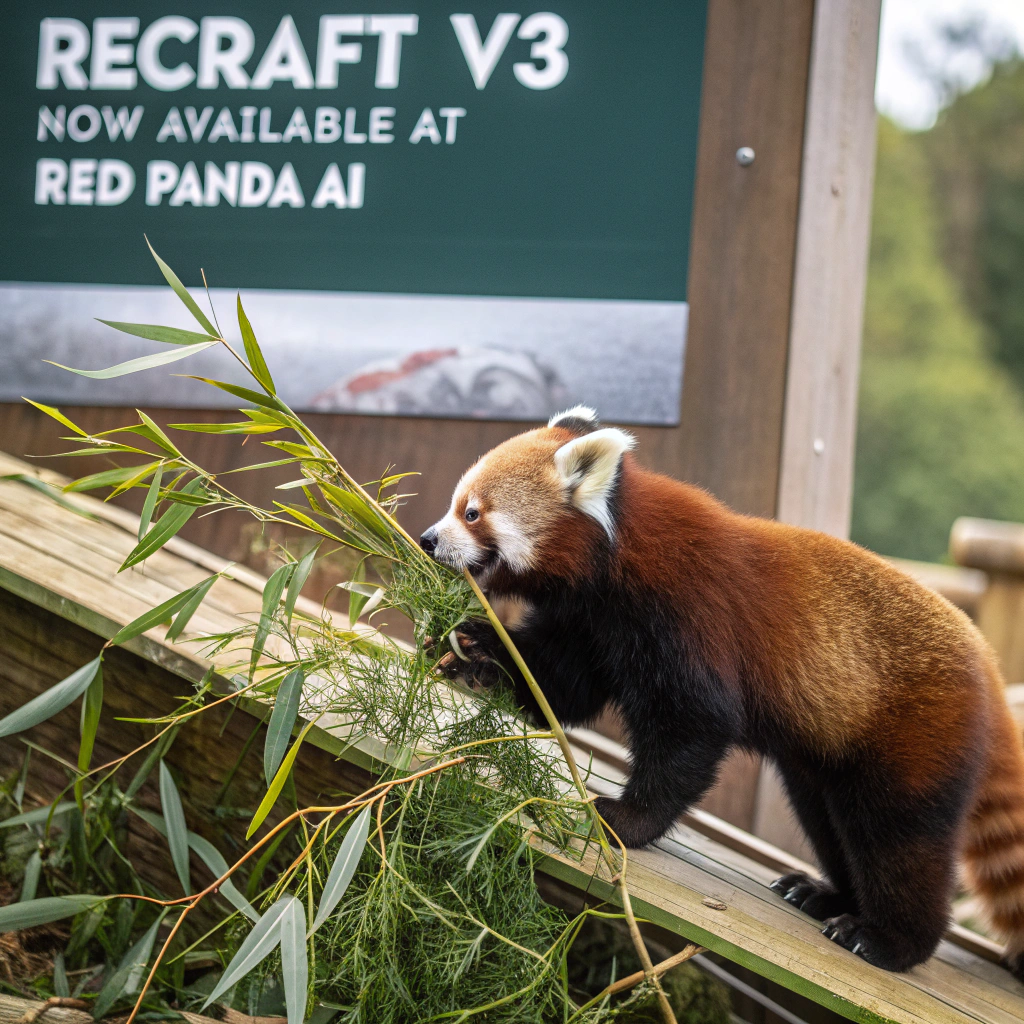 AI generated image by Red Panda AI: a red panda eating a bamboo in front of a poster that says "recraft V3 now available at red panda ai