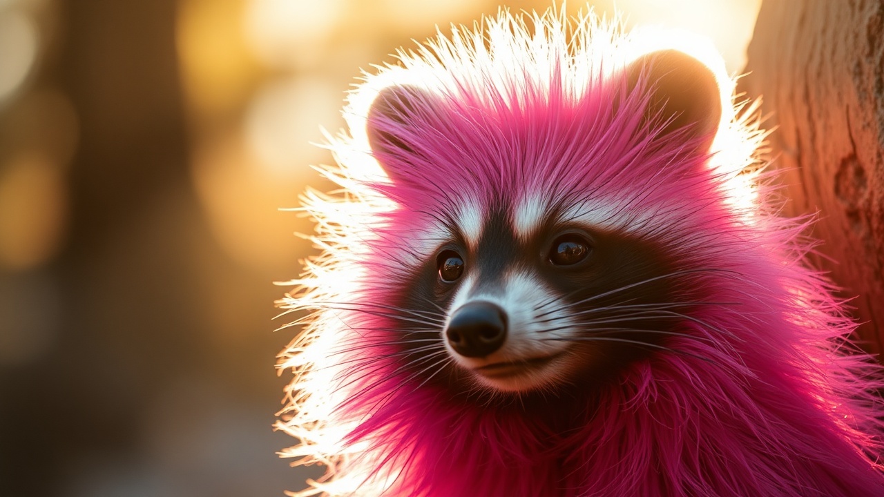 AI generated image by FLUX.1-schnell: Warm sunlight casts a golden glow on the vibrant lilac-pink fur of an adorable, bright raccoon man, as he peek's out curiously, his bushy fur softly illuminated, the long guard hairs infused with a warm, sun-kissed hue, deep shadows accentuating the fluffy texture, reminiscent of the works of Paul Nicklen, Frans Lanting, and Cristina Mittermeier, in a hyper-detailed, National Geographic-inspired, softly-focused, large format photograph with a shallow depth of field and a warm, film-like grain.