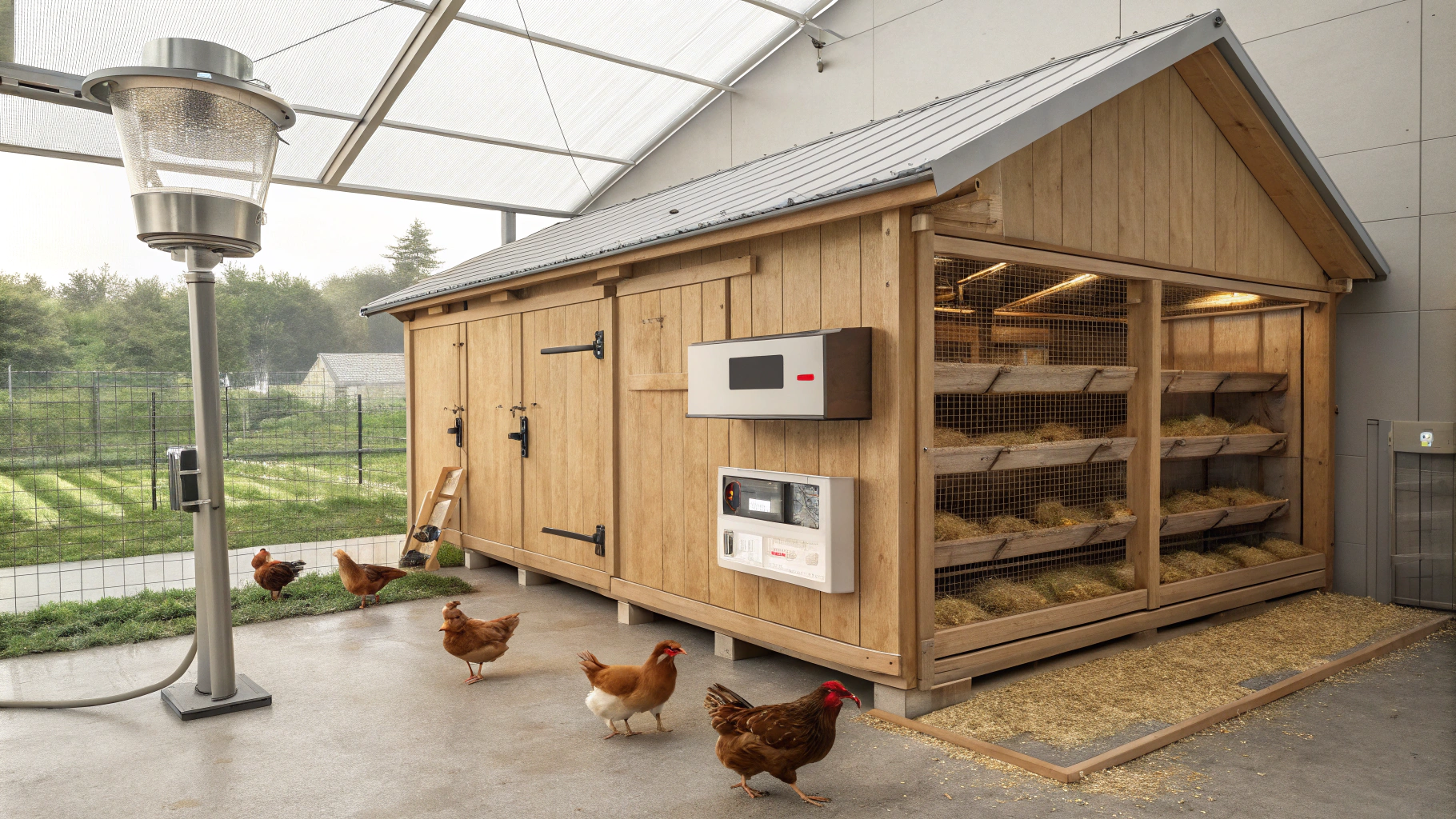 AI generated image by Red Panda AI: A smart chicken coop integrates various IoT devices and technologies to monitor, control, and optimize the environment for your chickens. This setup typically includes:
- **Sensors**: Devices that measure temperature, humidity, light levels, and ammonia concentration, ensuring that the coop environment remains conducive to the health of the birds.
- **Automated Feeders and Waterers**: Systems that dispense food and water at set intervals or in response to real-time data, ensuring that your chickens are well-fed without manual effort.
- **Cameras**: Surveillance systems that allow you to monitor your chickens remotely, providing peace of mind and the ability to check on their well-being from anywhere.
- **Temperature and Humidity Control**: Smart thermostats and humidistats that can automatically adjust heating and ventilation based on the environmental data collected by sensors.
Remove all text.