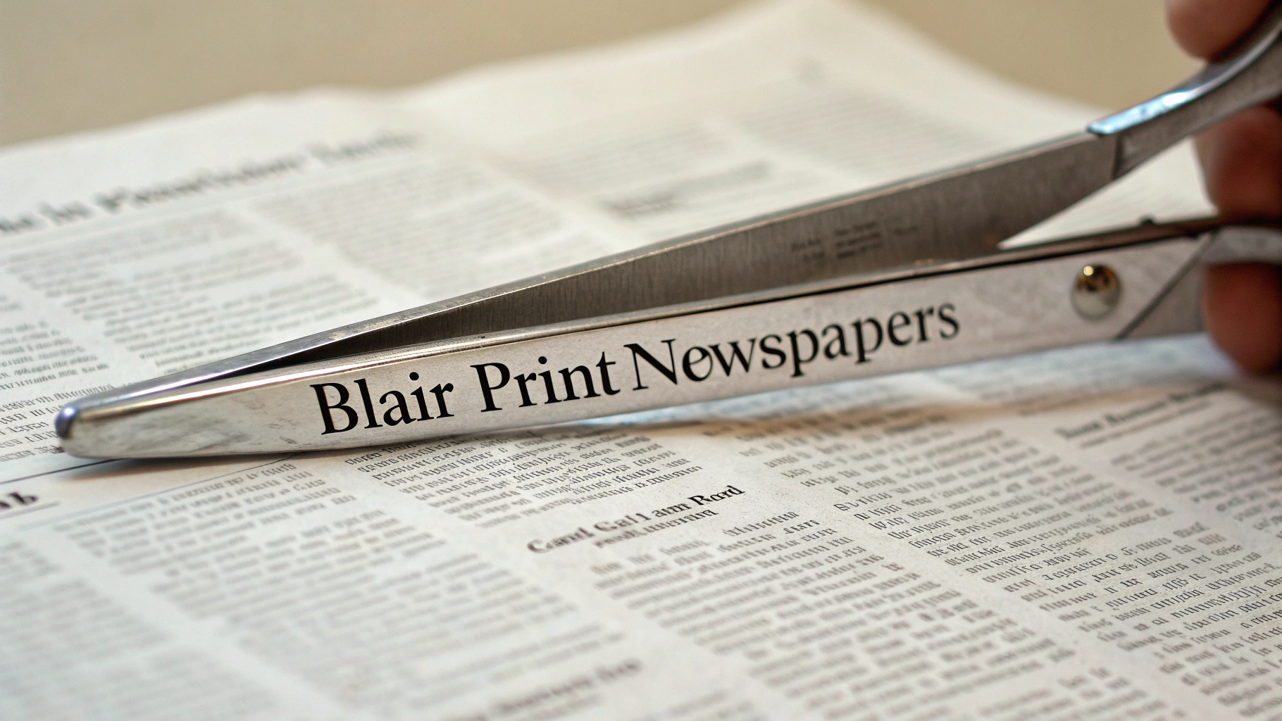 AI generated image by Red Panda AI: clean scissors with "Blair Print Newspapers" engraved on them, being used to cut a newspaper, the scissors have "Blair Print Newspapers" on the side