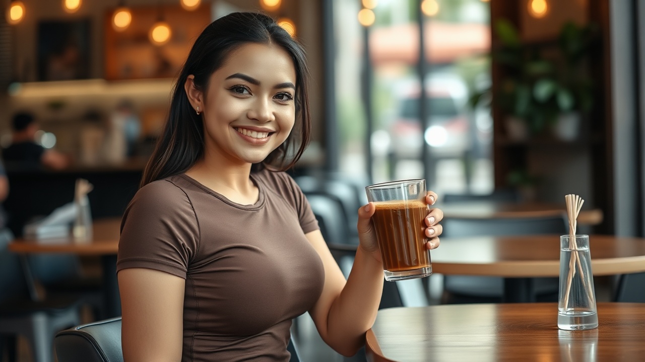 AI generated image by FLUX.1-schnell: a beautiful yogyakarta woman in a tight fitness t-shirt, full body, sitting in a cafe smiling looking at the camera while holding a clear glass cup containing brown late coffee