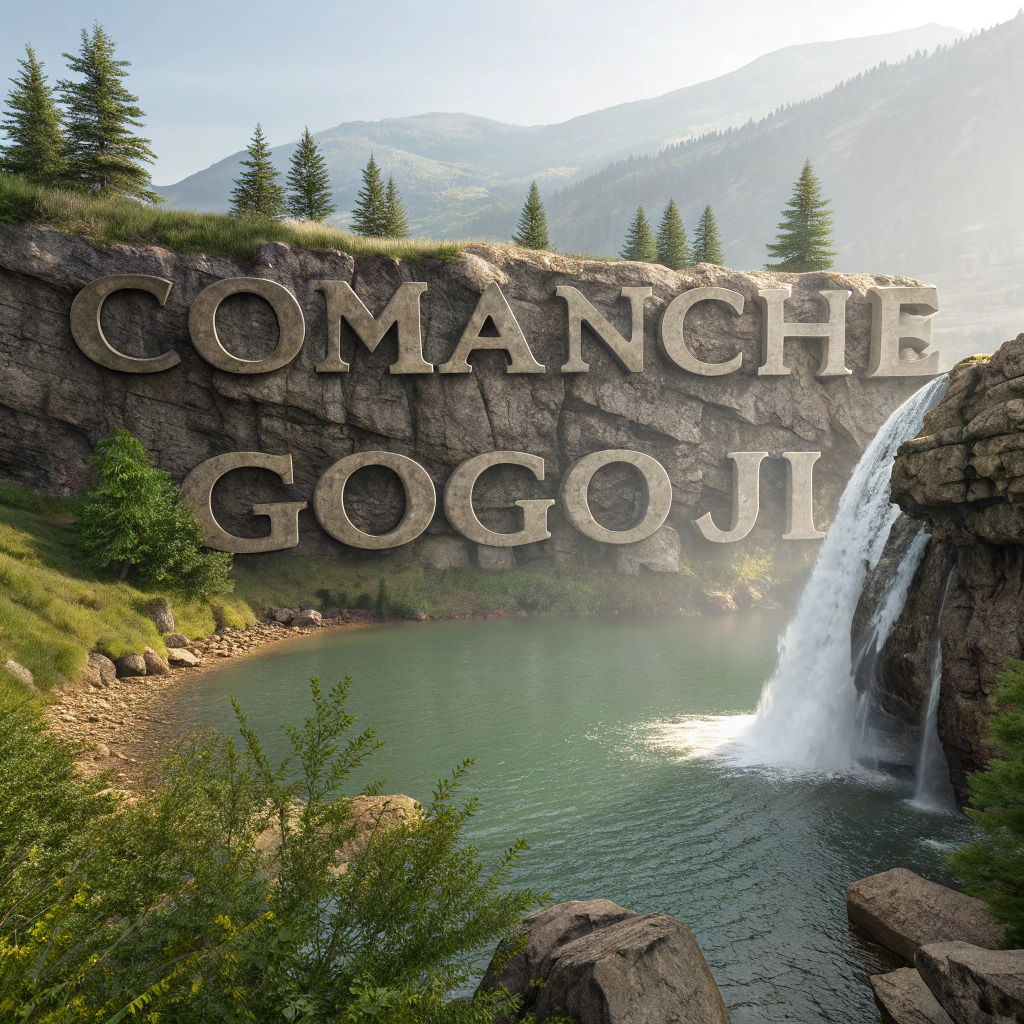 AI generated image by Red Panda AI: 3D letters spelling "Comanche Gogoji"carved out of rock with a waterfall over it plunching into a lake an a idyllic landscape, photorealistic, hyperdetailed, 8K hdr, octame render, UHD
