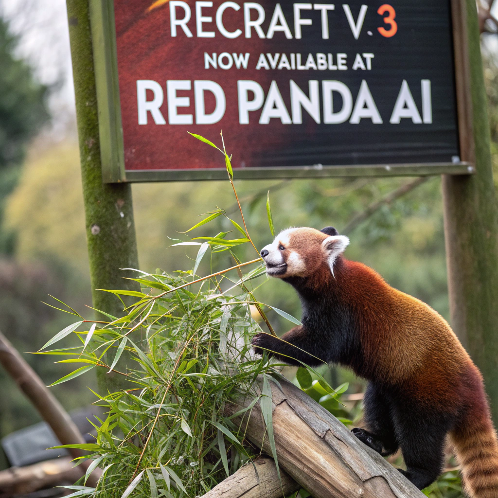 AI generated image by Red Panda AI: a red panda eating a bamboo in front of a poster that says "recraft V3 now available at red panda ai
