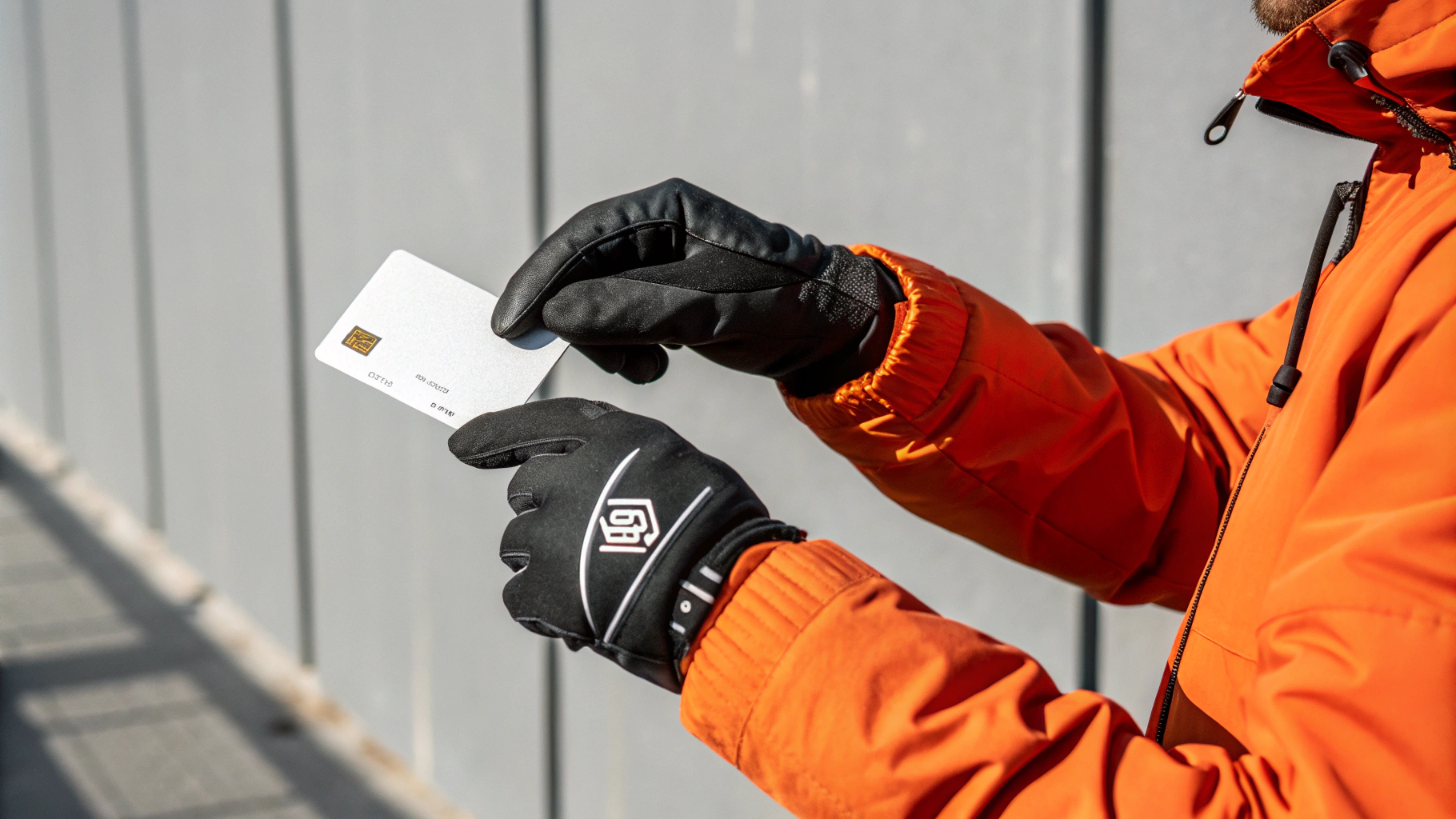 AI generated image by Red Panda AI: A close-up of a male hand with a black premium grip rubber protection glove with a logotype on the wrist holding a blank credit card. The background is a simple gray, creating a minimalist setting. The hand is prominently in the foreground, capturing the strong grip on the card. The card is blank. The hand is clad in a vibrant orange jacket. The lighting is bright and natural, with a the clear, minimalistic background. The composition is tightly framed, focusing entirely on the hand and the credit card, evoking a sense of mystery and intensity.