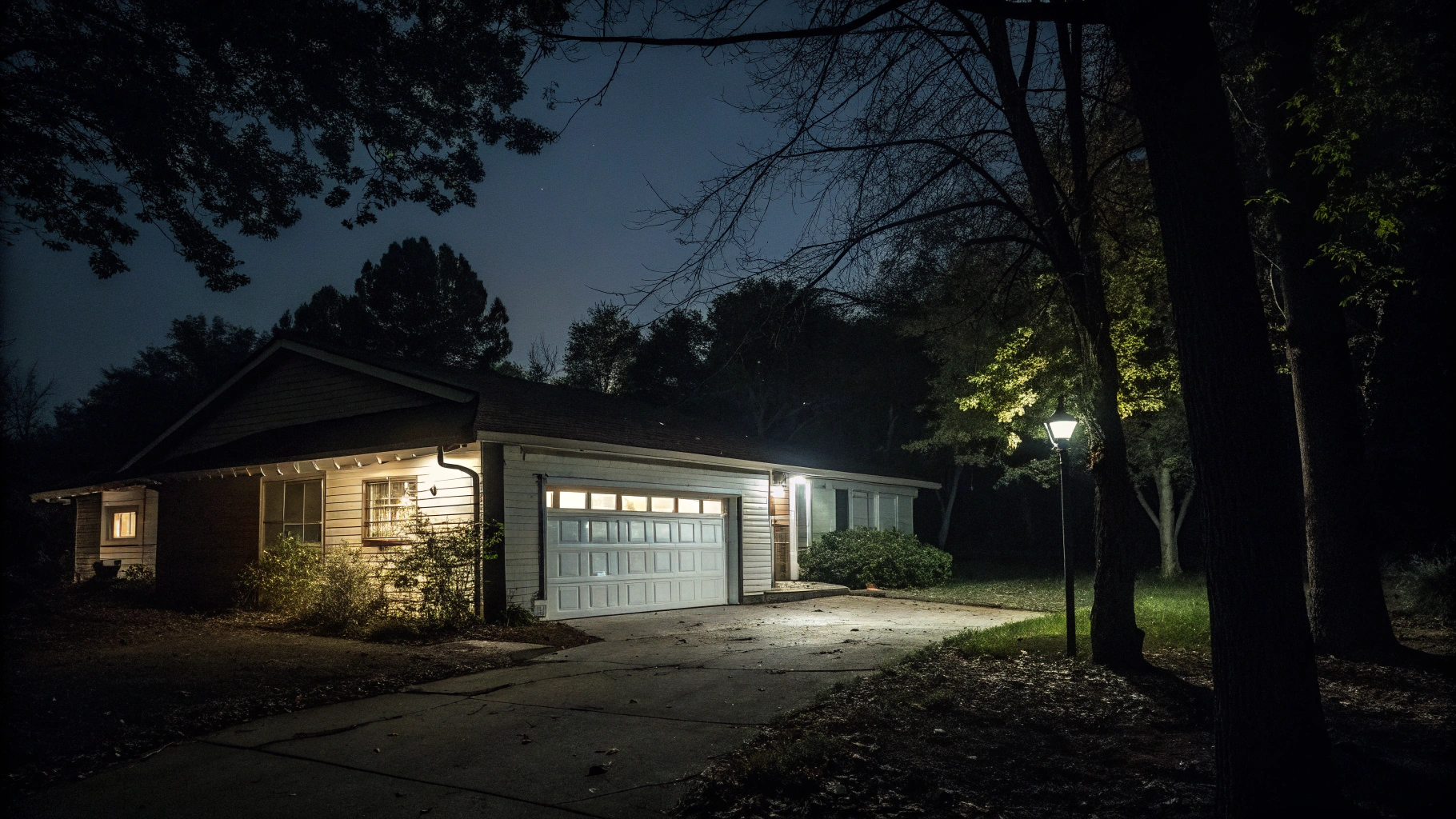 AI generated image by Red Panda AI: eerie scene, ranch style house, a garage door is open at night, very mysterious