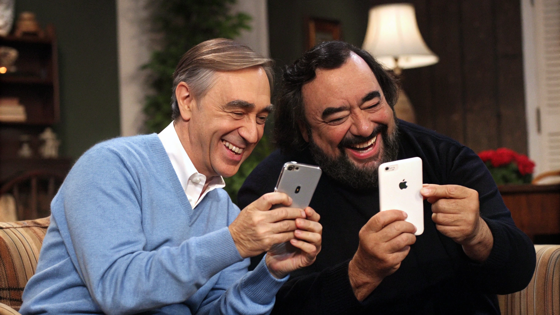 AI generated image by Red Panda AI: Mr. Rogers and Pavarotti are each using an Apple iPhone to have a fun and happy phone call. They enjoy using both of their Smartphones