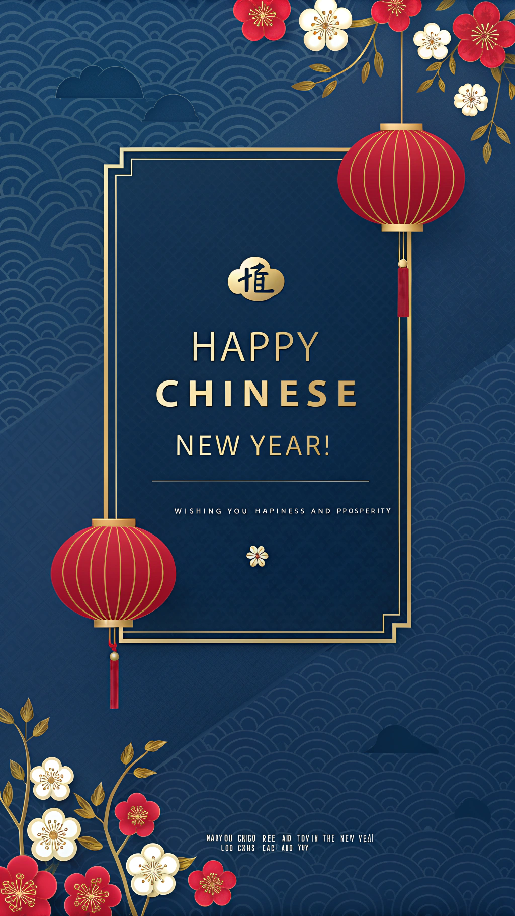 AI generated image by Red Panda AI: Style: Modern Chinese aesthetic in red, gold, and deep blue. Combines elegance with traditional festive elements.
Elements:
Background: Deep blue or red gradient with subtle Chinese motifs (e.g., clouds or floral patterns).
Centerpiece:
Main Title: “Happy Chinese New Year” in bold gold or white, Chinese-style calligraphy, centered with a simple gold border below it, symbolizing reunion.
Decor:
Red Lanterns: One on each side with gold tassels.
Plum Blossoms: Sprigs around lanterns or corners for a traditional, lucky touch.
Text:
Main Title: Center, “Happy Chinese New Year” (gold or white).
Subtitle: Below main title, “Wishing You Happiness and Prosperity” (gold).
Bottom Message: “May you enjoy peace and joy in the New Year!”