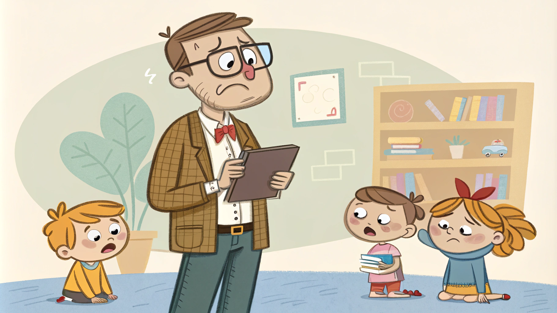 AI generated image by Red Panda AI: I want you to draw a cartoon. A heroic academic. He has 3 children. He is 43 years old. He is a little worn out because of the children, but he does his best to raise them well.