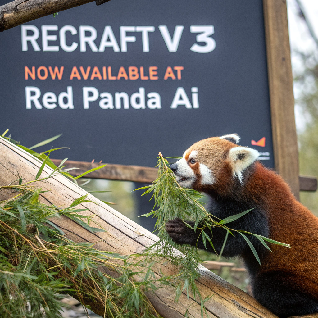 AI generated image by Red Panda AI: a red panda eating a bamboo in front of a poster that says "recraft V3 now available at red panda ai